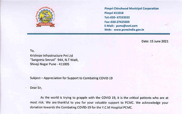 Received Appreciation Letter From Pimpri Chinchwad Municipal Corporation